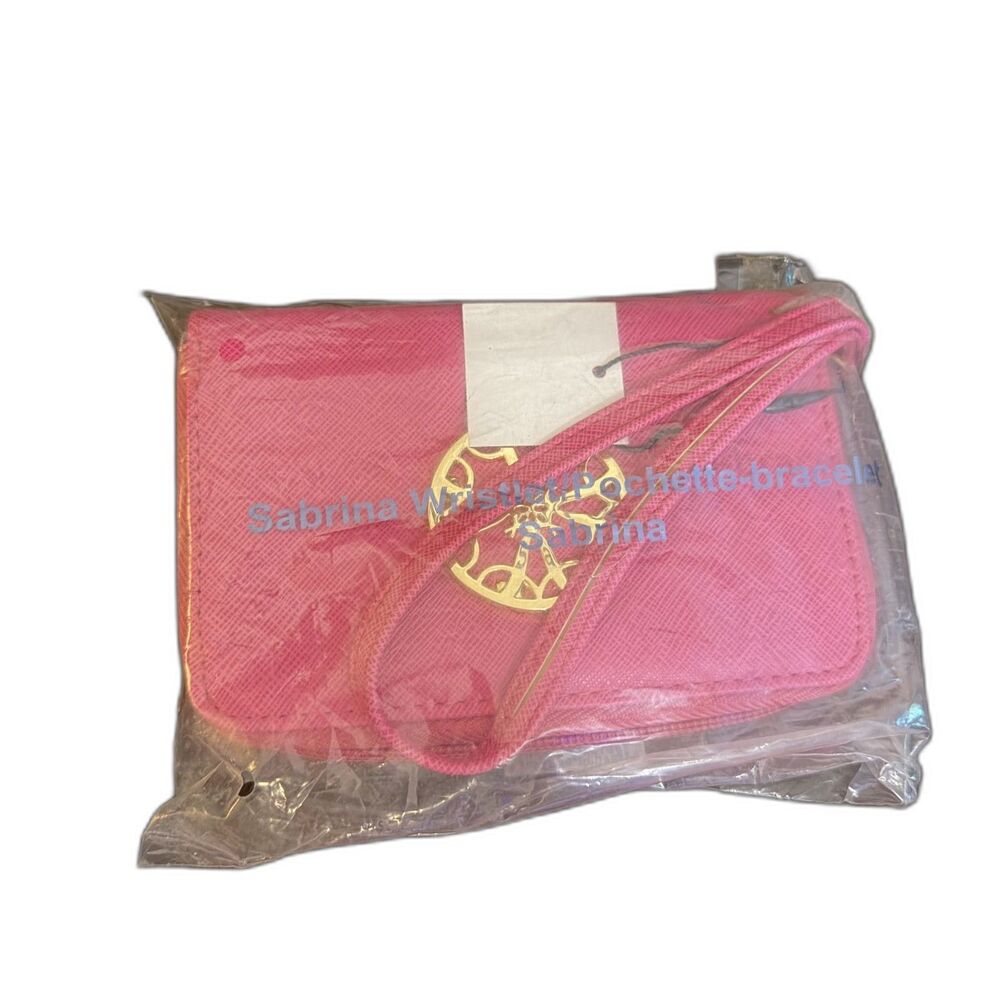 New Sabrina Wristlet Wallet Hot Pink Gold Medallion Zip Clutch Wrist Strap